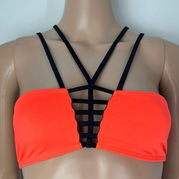 Pily Q Neon Orange Black Strappy Pull Over Bikini Top - Picture 2 of 9